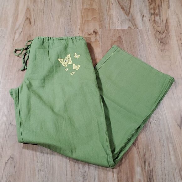 🔹️Derek Heart Green w/Yellow Rhinestone Butterflies Linen Blend Pants Large - Picture 1 of 8